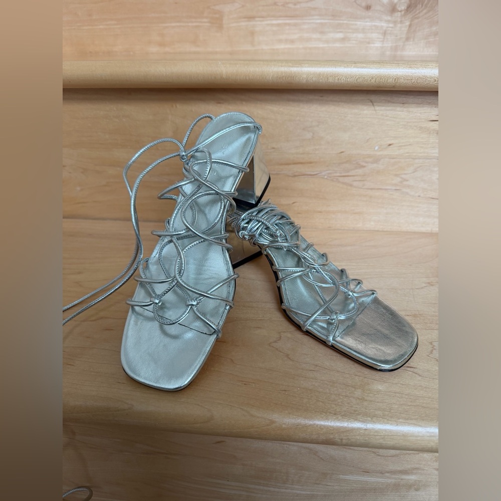 BY FAR Alexander Silver Metallic Leather Sandals Square Toe EU 36 US 6 - Picture 3 of 16